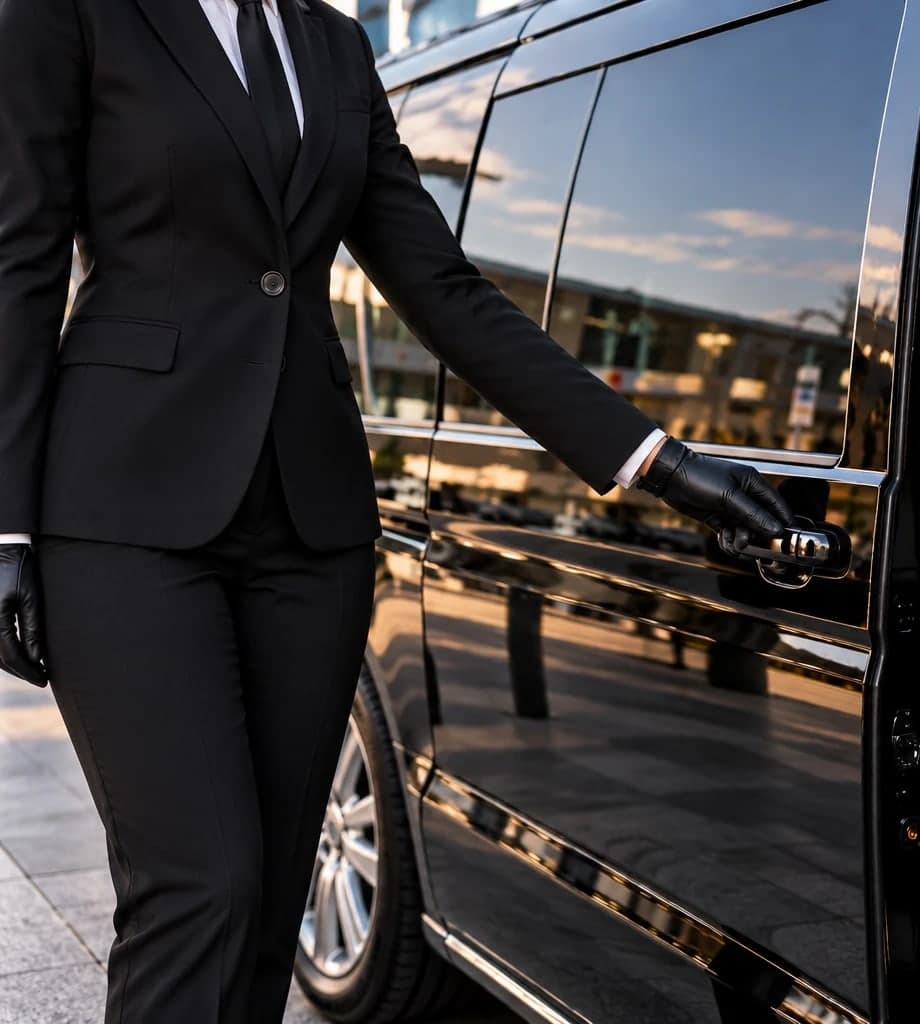 A chauffeur in a dark suit and black gloves reaching for the door handle of a black people carrier.