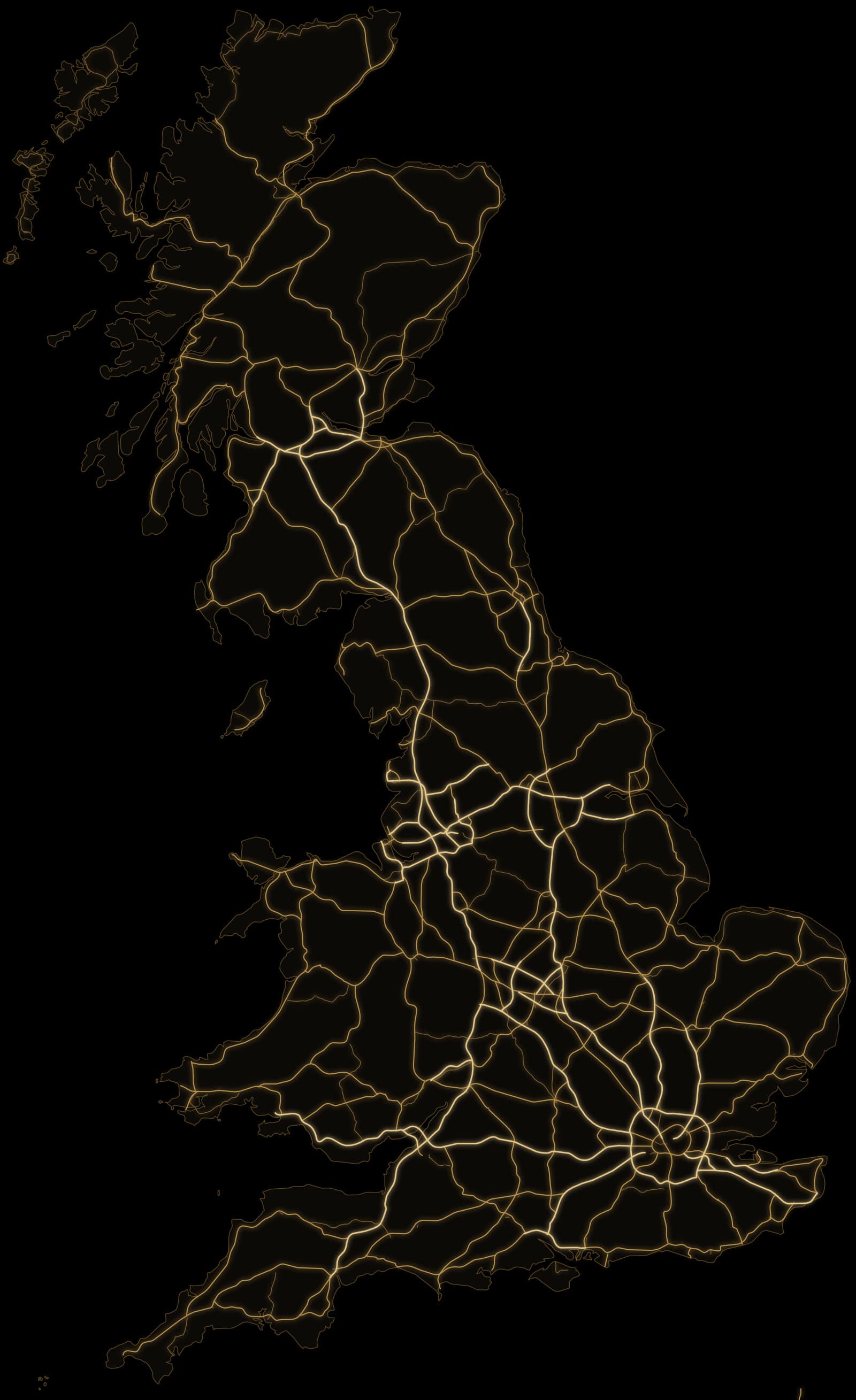 A map of Great Britain in black, its major roads traced in gold. Marked: the Wirral, and the airports Liverpool, Manchester, Leeds Bradford, Newcastle, Birmingham, Stansted, Heathrow, Gatwick.