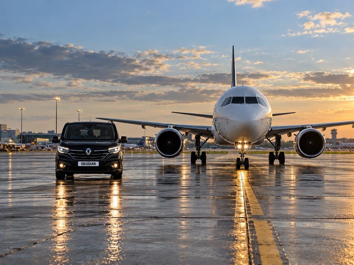 A black minibus beside a passenger aircraft on a wet airport apron at sunset.